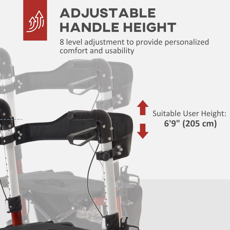 Lightweight Folding Rolling Walker with Large Seat, Back, Adjustable Handle, Bag, Dual Brake, Cane Holder, Red