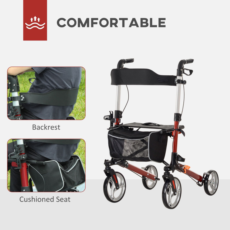 Lightweight Folding Rolling Walker with Large Seat, Back, Adjustable Handle, Bag, Dual Brake, Cane Holder, Red