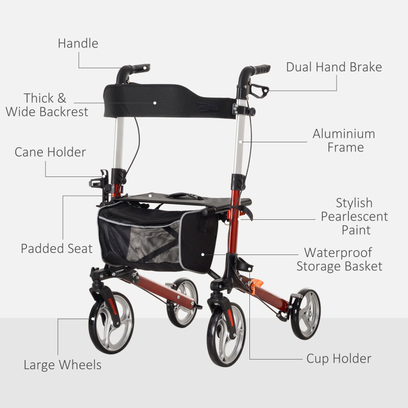 Lightweight Folding Rolling Walker with Large Seat, Back, Adjustable Handle, Bag, Dual Brake, Cane Holder, Red