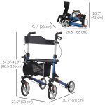 Lightweight Folding Rolling Walker with Large Seat, Back, Adjustable Handle, Bag, Dual Brake, Cane Holder, Blue