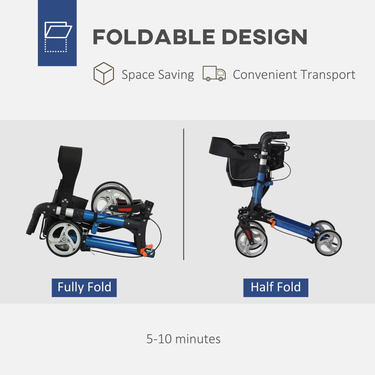 Lightweight Folding Rolling Walker with Large Seat, Back, Adjustable Handle, Bag, Dual Brake, Cane Holder, Blue