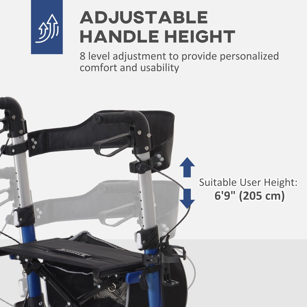Lightweight Folding Rolling Walker with Large Seat, Back, Adjustable Handle, Bag, Dual Brake, Cane Holder, Blue