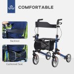 Lightweight Folding Rolling Walker with Large Seat, Back, Adjustable Handle, Bag, Dual Brake, Cane Holder, Blue