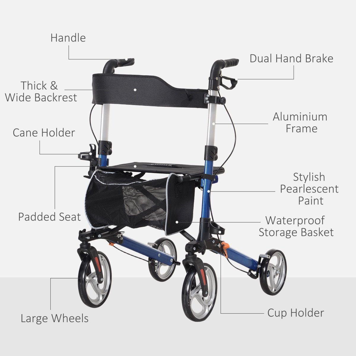 Lightweight Folding Rolling Walker with Large Seat, Back, Adjustable Handle, Bag, Dual Brake, Cane Holder, Blue