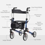 Lightweight Folding Rolling Walker with Large Seat, Back, Adjustable Handle, Bag, Dual Brake, Cane Holder, Blue