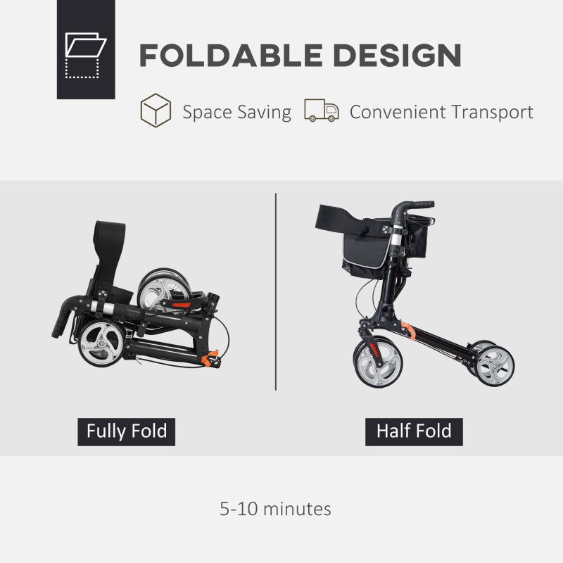 Lightweight Folding Rolling Walker with Large Seat, Back, Adjustable Handle, Bag, Dual Brake, Cane Holder, Black