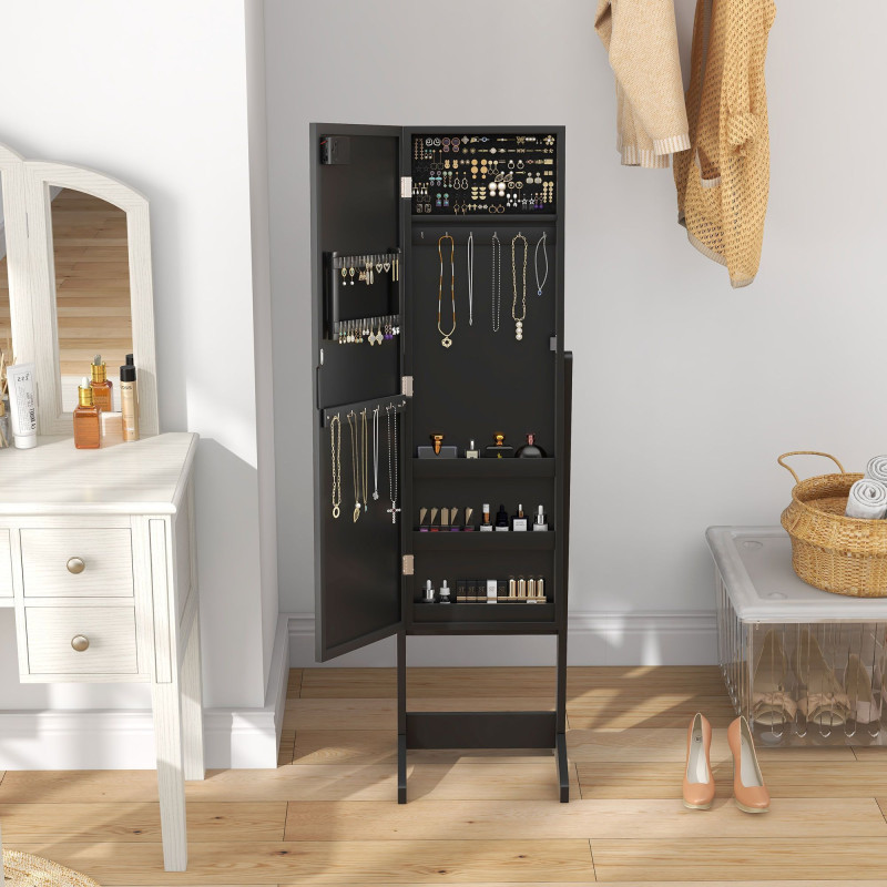 Free Standing Armoire Organizer, Lighted Mirrored Jewelry Cabinet w/ Angle Adjustable & 16 LED Lights Black