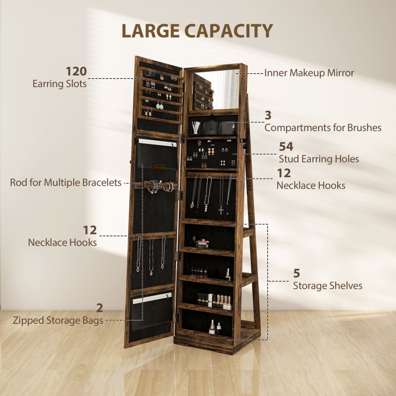 360° Swivel Jewelry Armoire, Lockable Mirror Jewelry Cabinet with Built-In Small Mirror, Rustic Brown