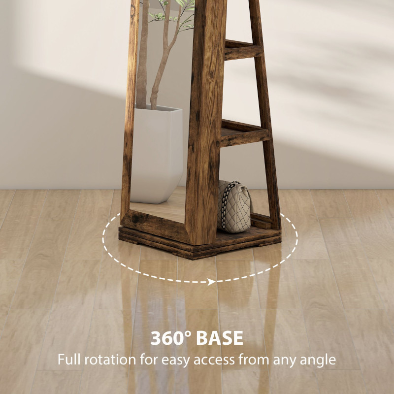 360° Swivel Jewelry Armoire, Lockable Mirror Jewelry Cabinet with Built-In Small Mirror, Rustic Brown