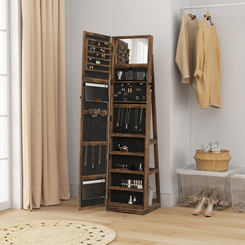360° Swivel Jewelry Armoire, Lockable Mirror Jewelry Cabinet with Built-In Small Mirror, Rustic Brown