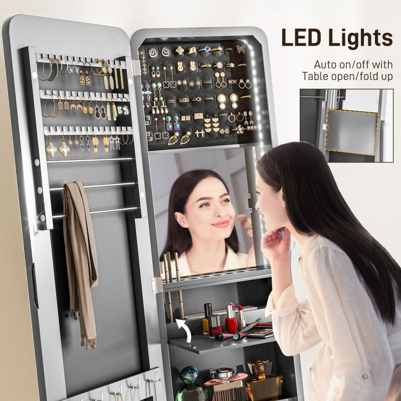 Standing Mirror Jewelry Cabinet, Jewelry Storage Cabinet with LED Lights and Angle Adjustable Full Length Mirror, Grey