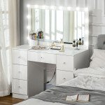 Makeup Vanity Table, Dressing Table with Mirror and Lights, Modern Makeup Table with 7 Drawers and 10 LED Lights, White