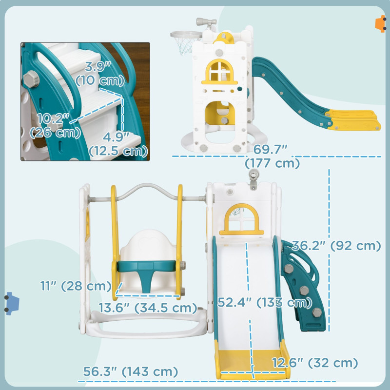 Qaba 6-in-1 Slide and Swing Set Baby Swing Playset Indoor with Basketball Hoop, Climber, Storage Space, Telescope, Yellow