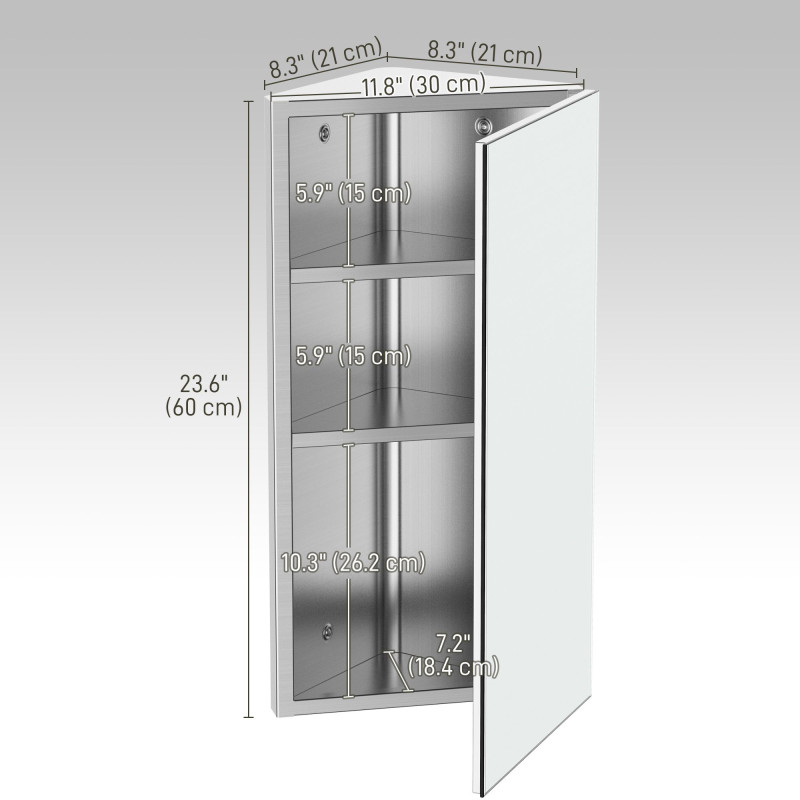 Wall mounted Bathroom Corner Mirror Storage Cabinet Stainless Steel with Single Door