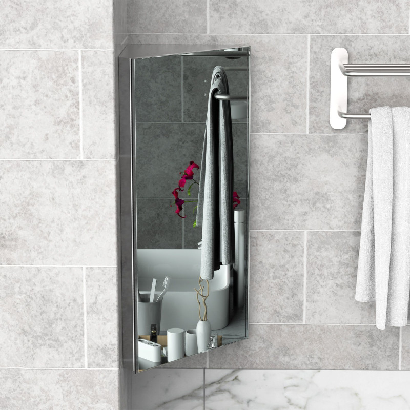 Wall mounted Bathroom Corner Mirror Storage Cabinet Stainless Steel with Single Door