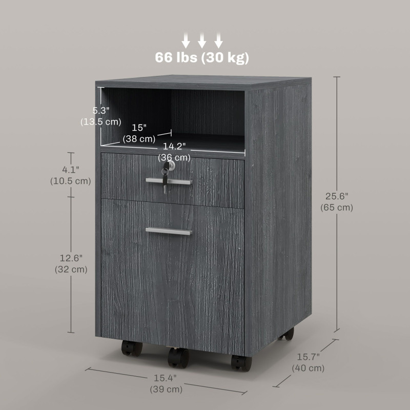 Small Filing Cabinet with 2 Drawers, Lockable Home Office Storage Cabinets on Wheels for A4, Letter Size, Grey