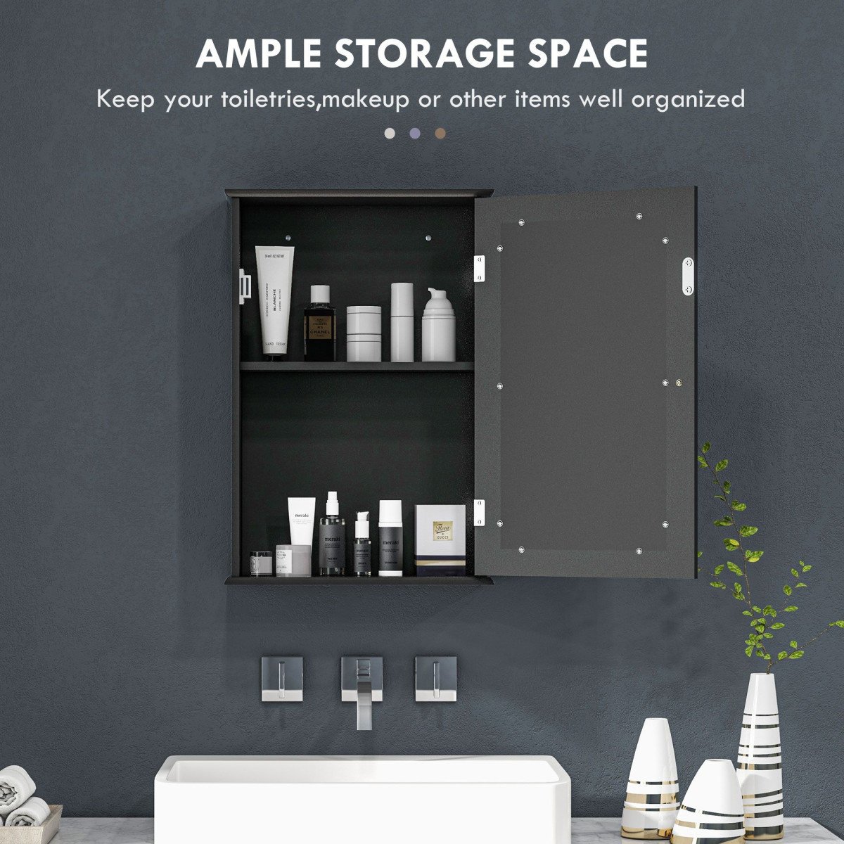 Bathroom Mirror Cabinet, Wall Mounted Medicine Cabinet with Door and Shelves, Black