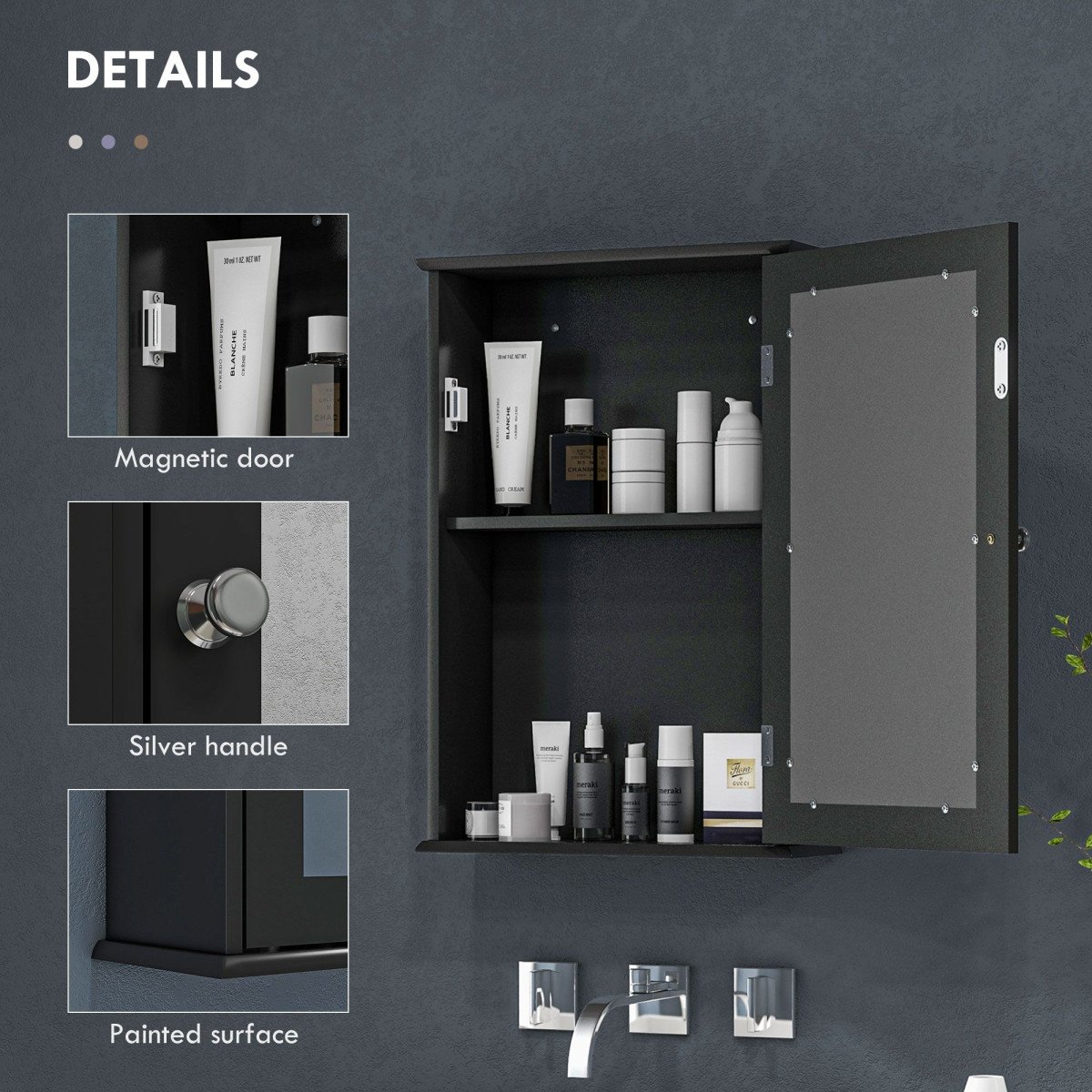 Bathroom Mirror Cabinet, Wall Mounted Medicine Cabinet with Door and Shelves, Black