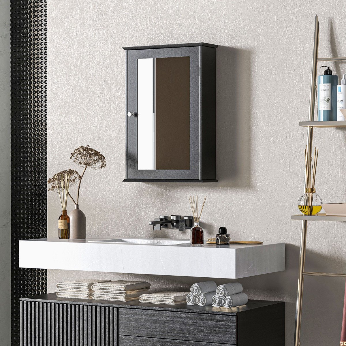 Bathroom Mirror Cabinet, Wall Mounted Medicine Cabinet with Door and Shelves, Black