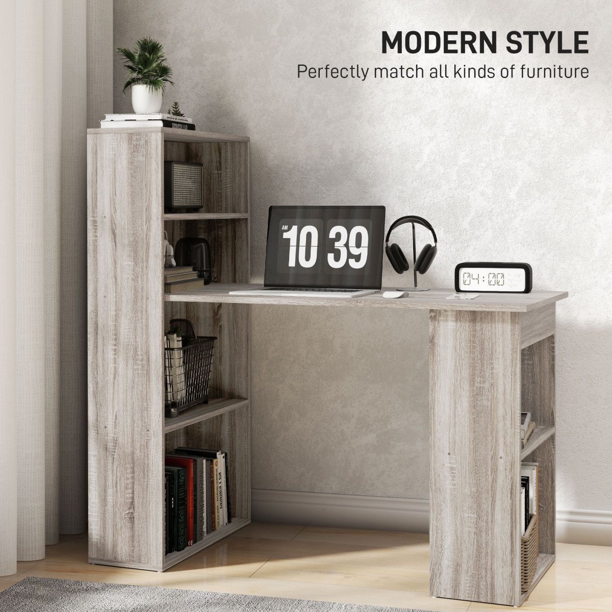 Computer Desk with Storage, PC Table with Bookshelf for Home Office, Study Room, Oak