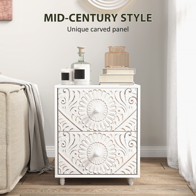 Mid-Century Bedside Table, Nightstand with 2 Drawers, Side End Table for Bedroom, White