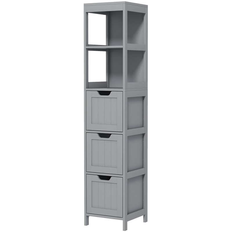 Narrow Bathroom Cabinet with 3 Drawers and 2 Tier Shelf, Tall Cupboard Freestanding Linen Tower, Grey