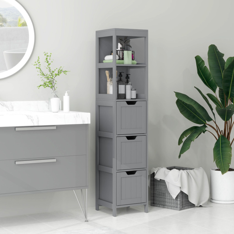 Narrow Bathroom Cabinet with 3 Drawers and 2 Tier Shelf, Tall Cupboard Freestanding Linen Tower, Grey