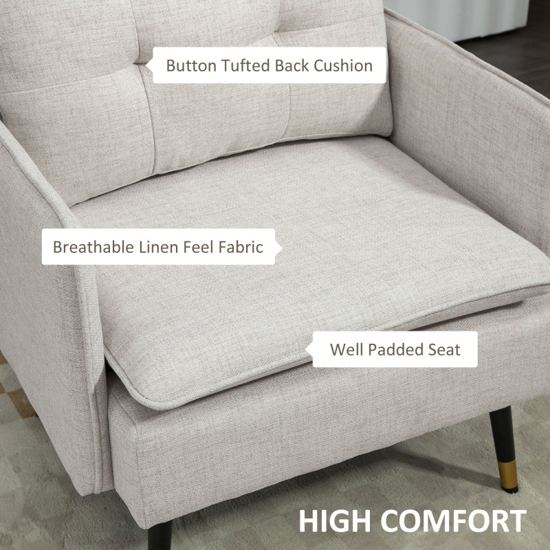 Accent Chair, Upholstered Armchair with Tufted Back Cushion and Steel Legs for Living Room, Bedroom, Cream White