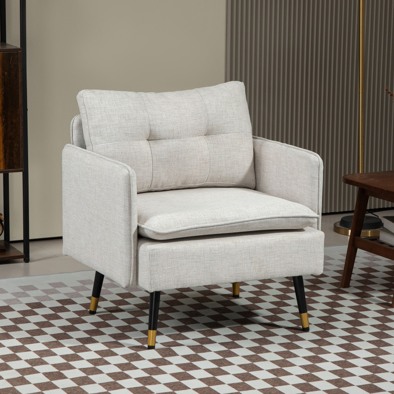 Accent Chair, Upholstered Armchair with Tufted Back Cushion and Steel Legs for Living Room, Bedroom, Cream White