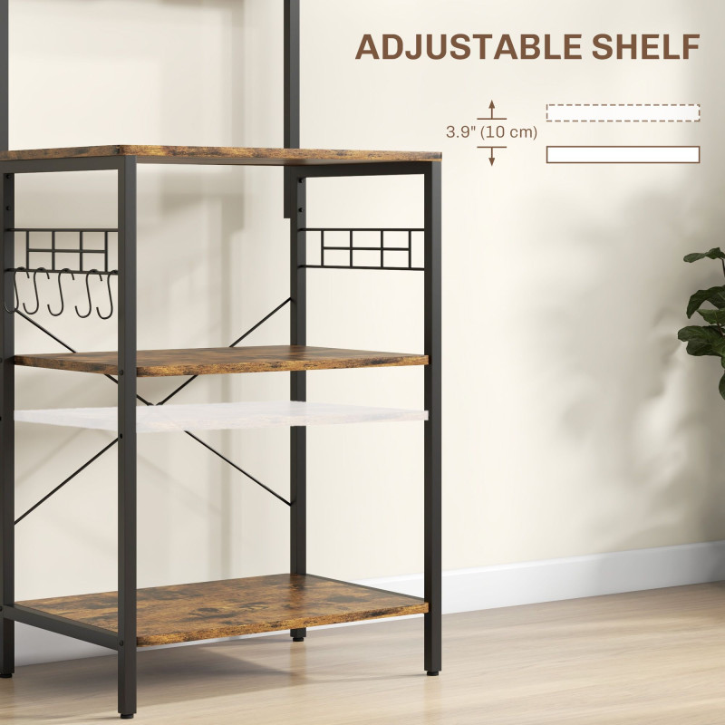Kitchen Baker's Rack with Power Outlet, Coffee Bar Station with Adjustable Shelves and Hooks, Rustic Brown