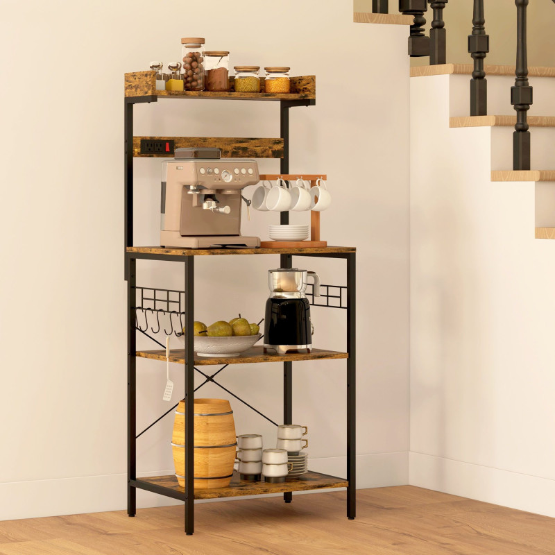 Kitchen Baker's Rack with Power Outlet, Coffee Bar Station with Adjustable Shelves and Hooks, Rustic Brown