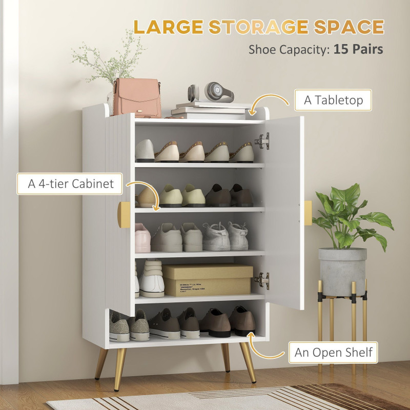 Entryway Shoe Storage Cabinet, Narrow Shoe Cabinet with Adjustable Shelves and Open Shelf for 15 Pairs of Shoes, White