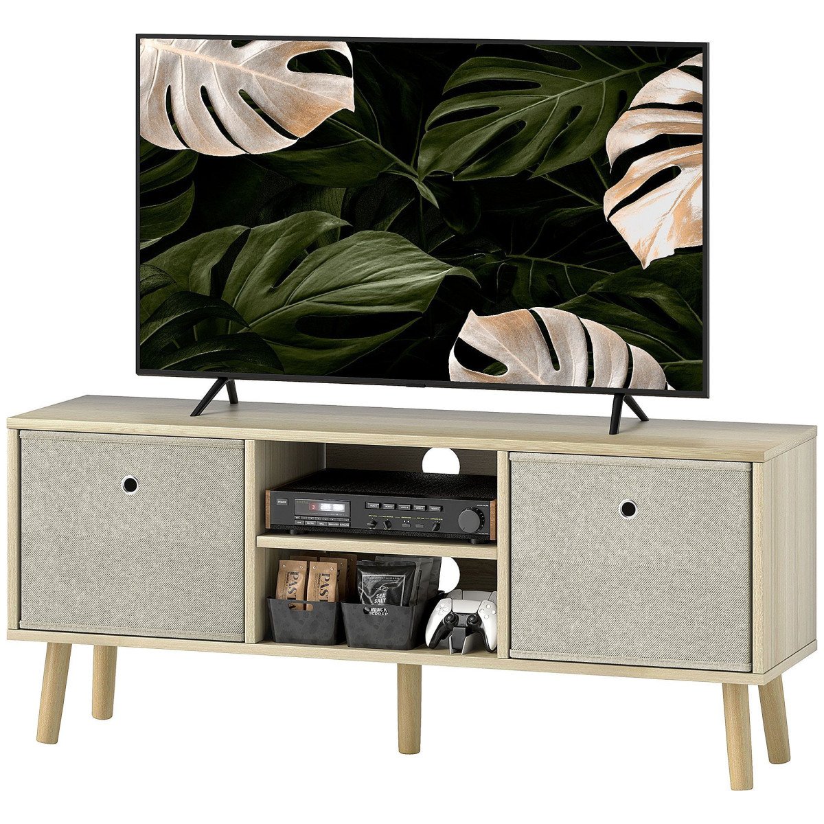 Modern TV Stand Cabinet with Foldable Drawers and Shelves for Living Room, Bedroom, Natural