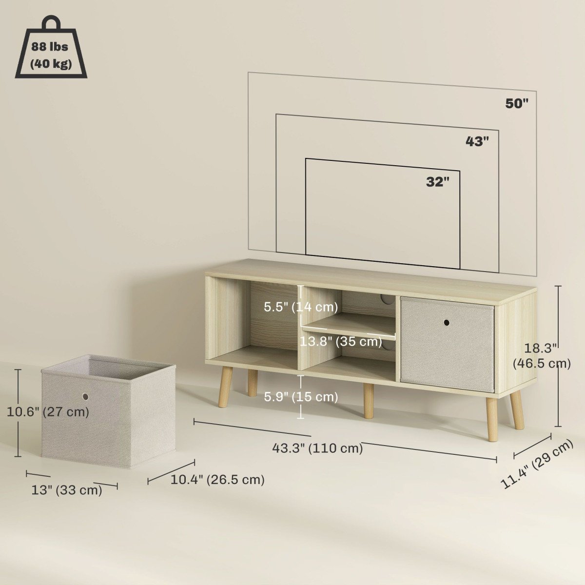 Modern TV Stand Cabinet with Foldable Drawers and Shelves for Living Room, Bedroom, Natural