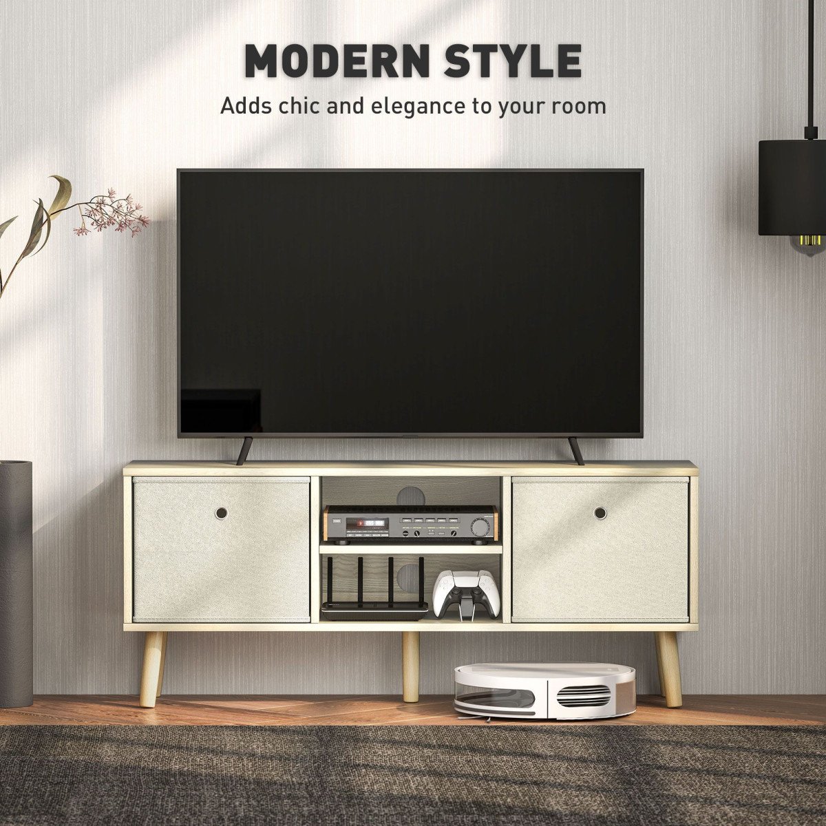 Modern TV Stand Cabinet with Foldable Drawers and Shelves for Living Room, Bedroom, Natural