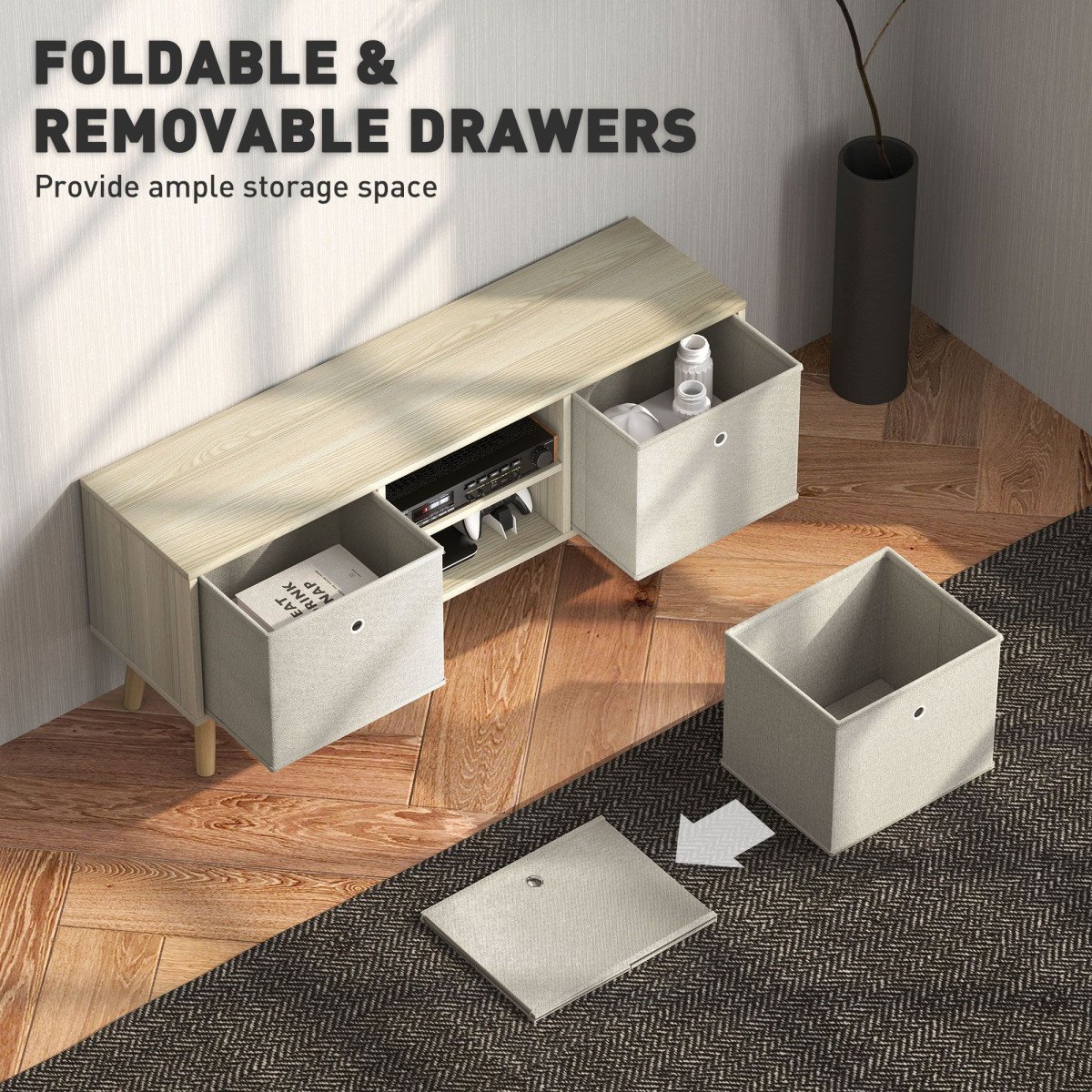 Modern TV Stand Cabinet with Foldable Drawers and Shelves for Living Room, Bedroom, Natural
