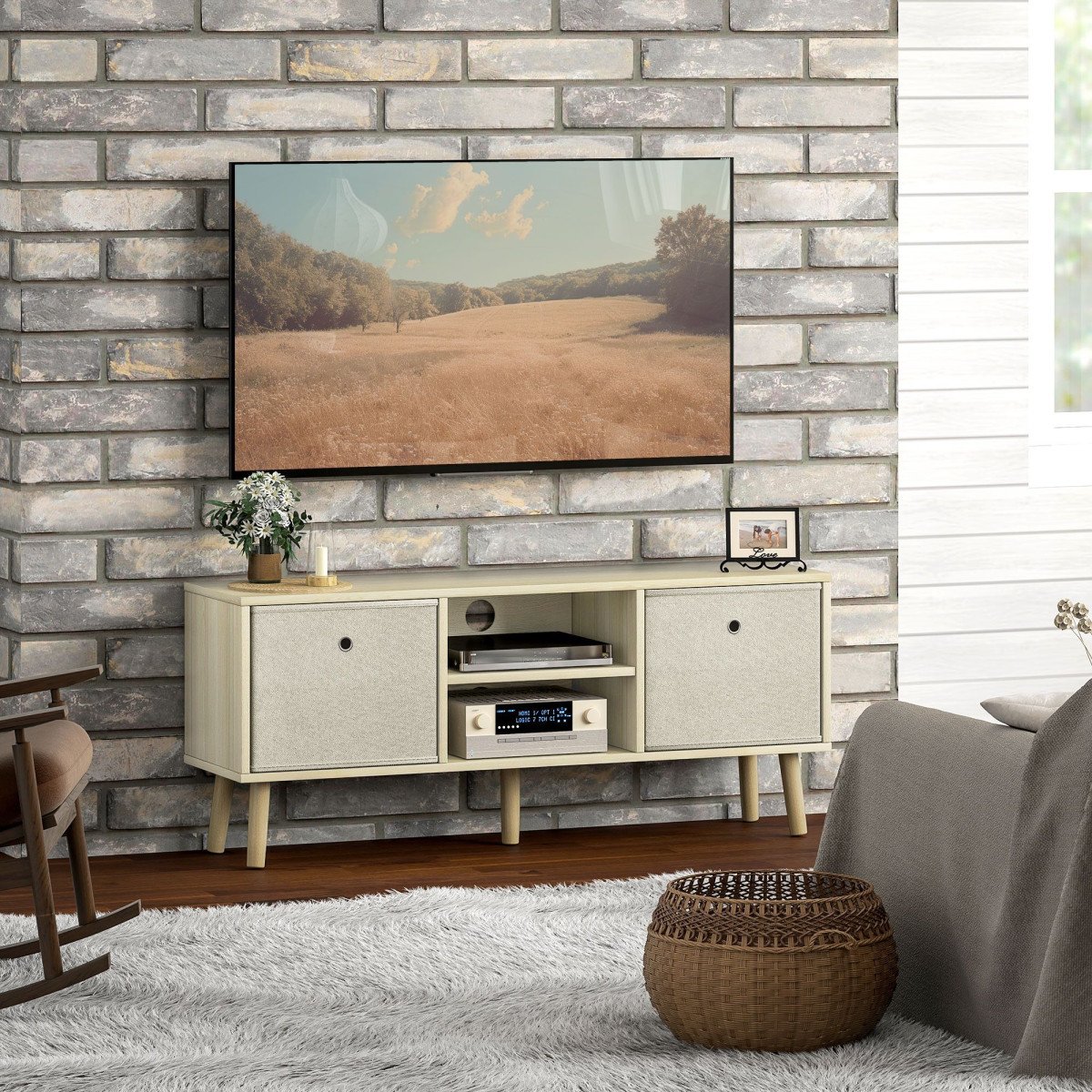 Modern TV Stand Cabinet with Foldable Drawers and Shelves for Living Room, Bedroom, Natural