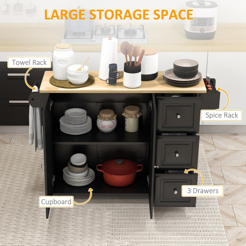 Kitchen Island on Wheels, Kitchen Cart with Drop Leaf, Drawers, Black