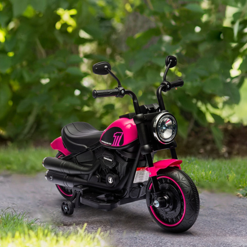 6V Kids’ Ride-On Motorcycle with Training Wheels, Foot Pedal, Headlight, Music, Forward/Reverse, Single-Button Start, Pink