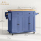 Kitchen Island with Storage, Rolling Trolley Cart with Rubber Wood Top, Spice Rack, Towel Rack, Navy Blue