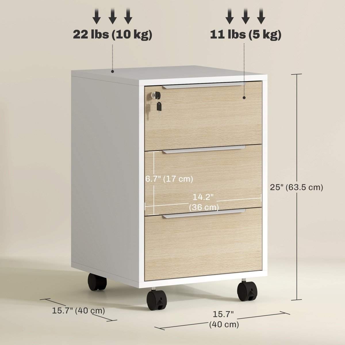 3 Drawer File Cabinet with Wheels, Vertical Filing Cabinet with Lock, Oak