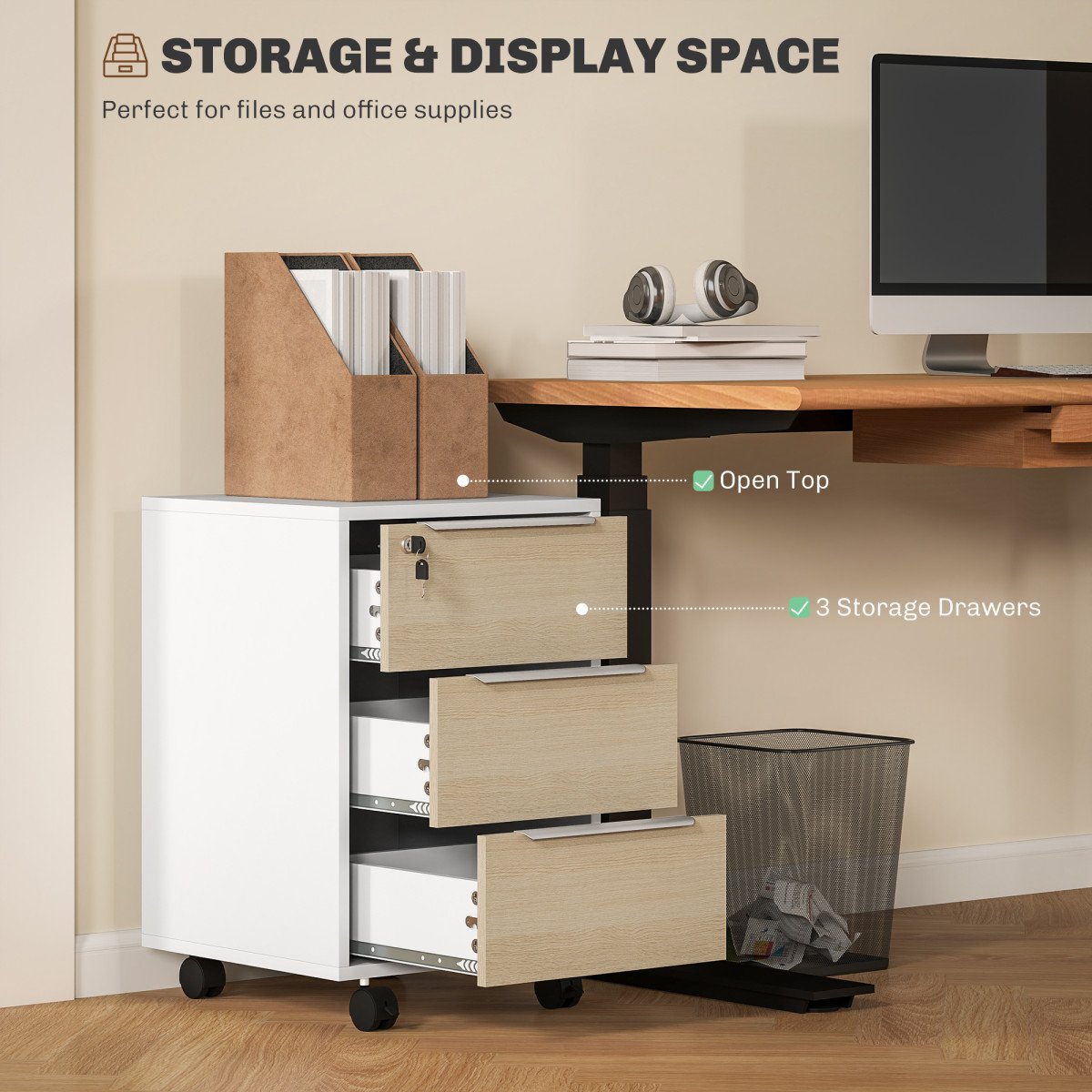 3 Drawer File Cabinet with Wheels, Vertical Filing Cabinet with Lock, Oak