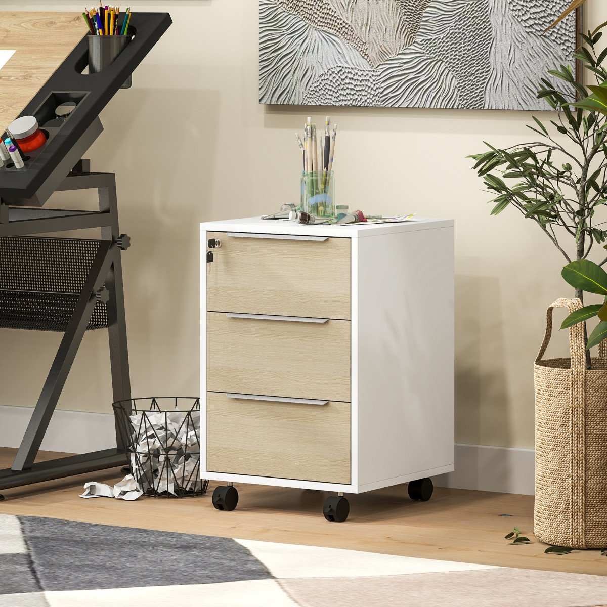 3 Drawer File Cabinet with Wheels, Vertical Filing Cabinet with Lock, Oak