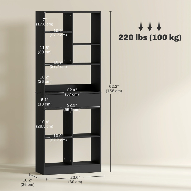 Tall Bookshelf with Drawer, Freestanding Bookcase for Bedroom, Living Room, Home Office, Black