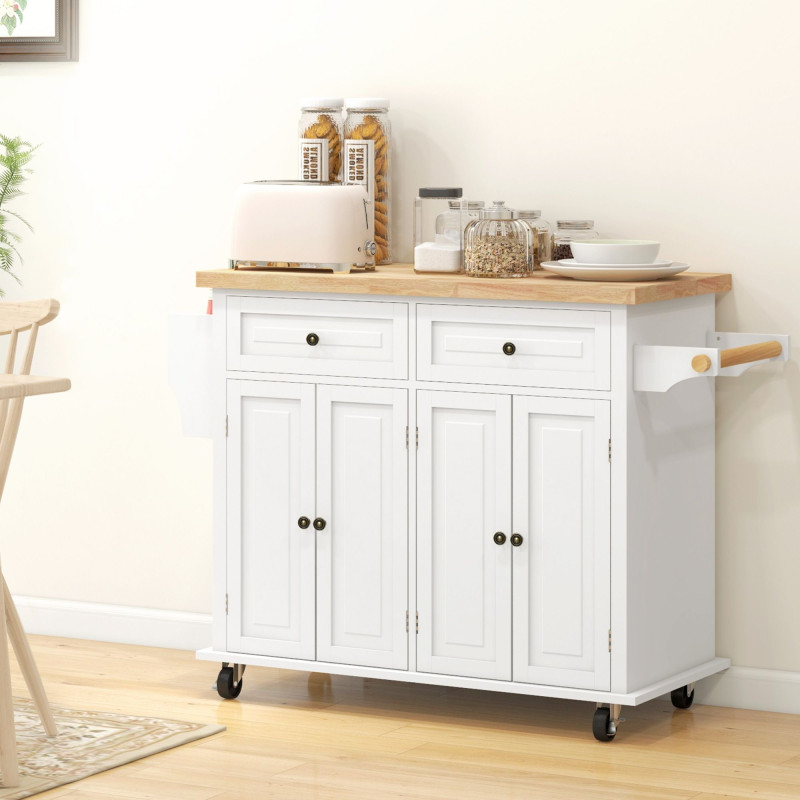 Kitchen Island with Storage, Rolling Trolley Cart with Rubber Wood Top, Spice Rack, Towel Rack, Cream White