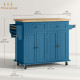 Kitchen Island with Storage, Rolling Trolley Cart with Rubber Wood Top, Spice Rack, Towel Rack, Blue