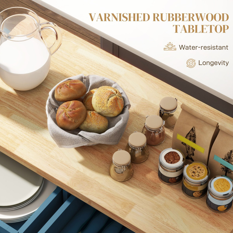 Kitchen Island with Storage, Rolling Trolley Cart with Rubber Wood Top, Spice Rack, Towel Rack, Blue
