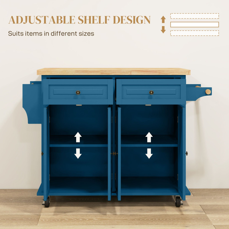 Kitchen Island with Storage, Rolling Trolley Cart with Rubber Wood Top, Spice Rack, Towel Rack, Blue