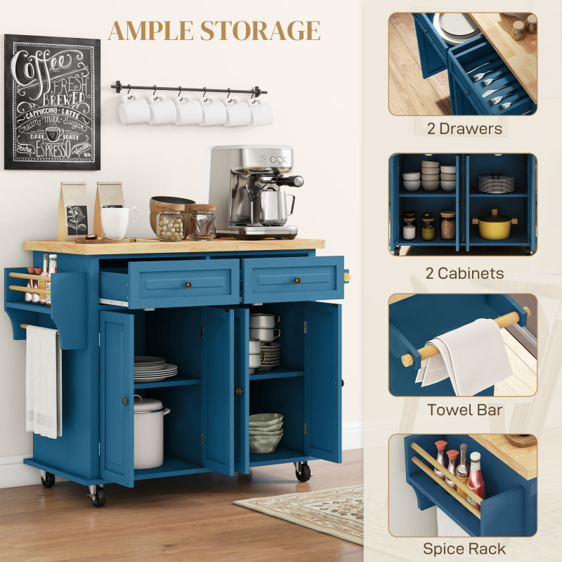 Kitchen Island with Storage, Rolling Trolley Cart with Rubber Wood Top, Spice Rack, Towel Rack, Blue