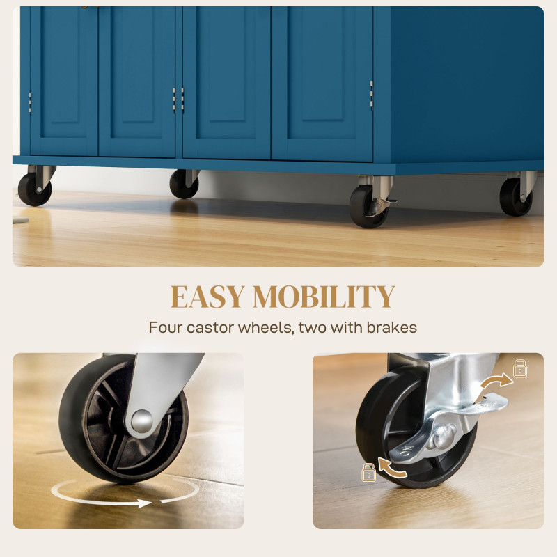 Kitchen Island with Storage, Rolling Trolley Cart with Rubber Wood Top, Spice Rack, Towel Rack, Blue